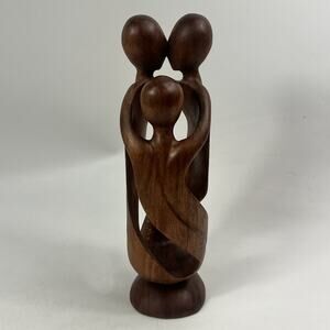 Hand Carved Wood Sculpture Family of Three Abstract Interlocking Statue 12 Inch